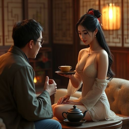 茶艺师与客人亲切交谈的画面