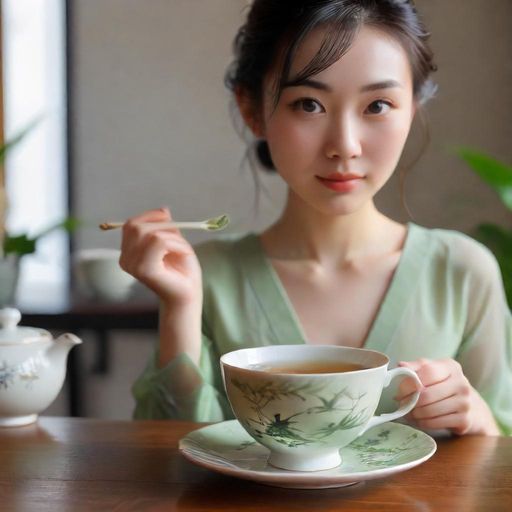 一杯嫩茶在木桌上散发清香