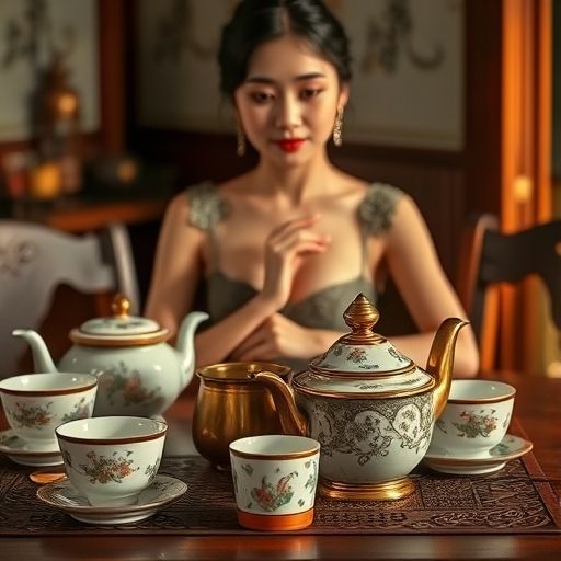 精致的茶具整齐摆放在木桌上，充满复古韵味