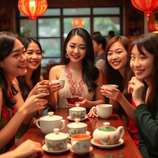朋友们在茶肆调制嫩茶的快乐时刻