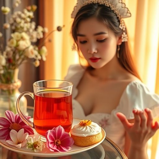 玫瑰花茶与马卡龙，色彩鲜艳，令人愉悦