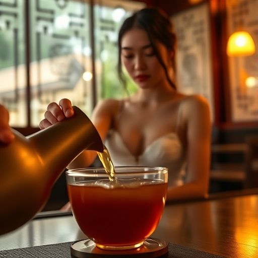 茶汤缓缓流入杯中的画面