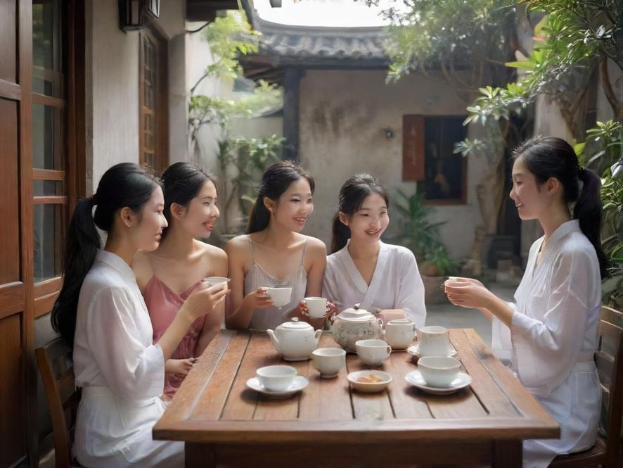 深圳龙华户外喝茶场景，阳光洒在茶桌上，氛围轻松
