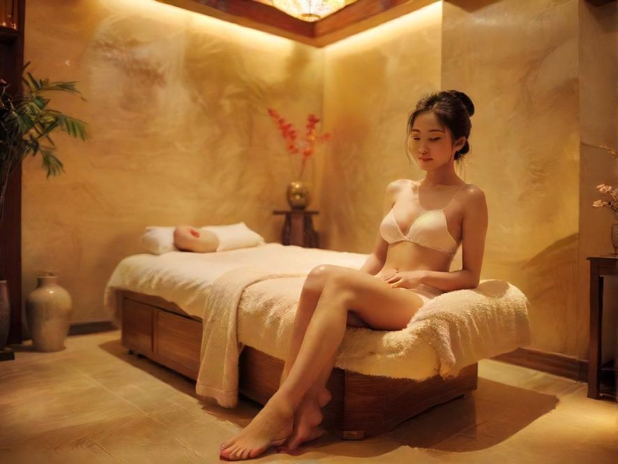 广州一家足疗会所的私密包厢，光线温馨，装饰有禅意元素，一张舒适的足疗椅和一张小茶几，营造出宁静放松的氛围。