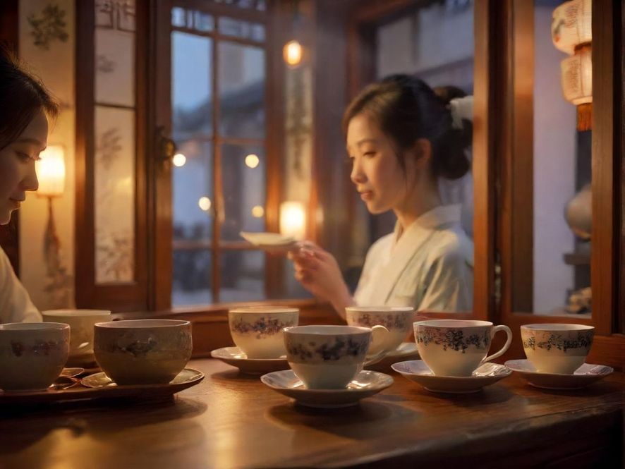 一间雅致的中式茶室内部，柔和的光线透过窗户洒在茶具上，窗外隐约可见繁华街景，营造出闹中取静的氛围。