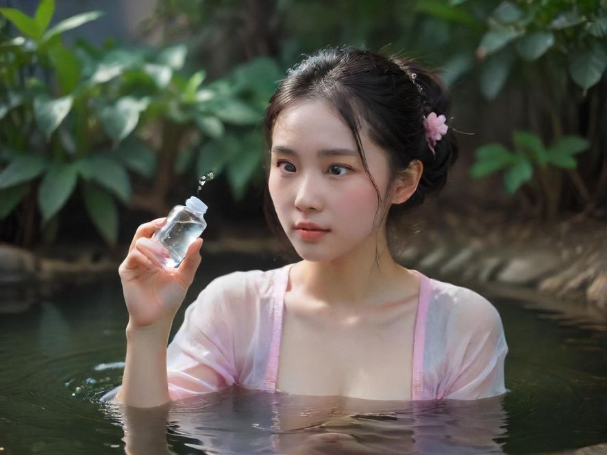 在现代水疗中心的池畔，一位女士侧身享受水疗，整个画面充满唯美意境，展现出极致的放松。