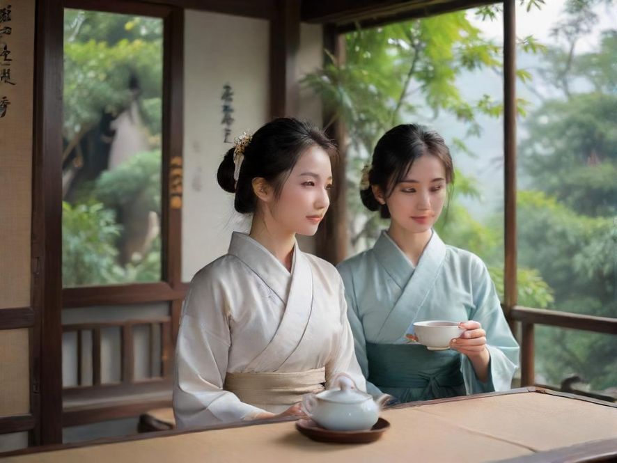 深圳高端品茶会所内部环境，一位优雅的女士在茶艺桌旁。