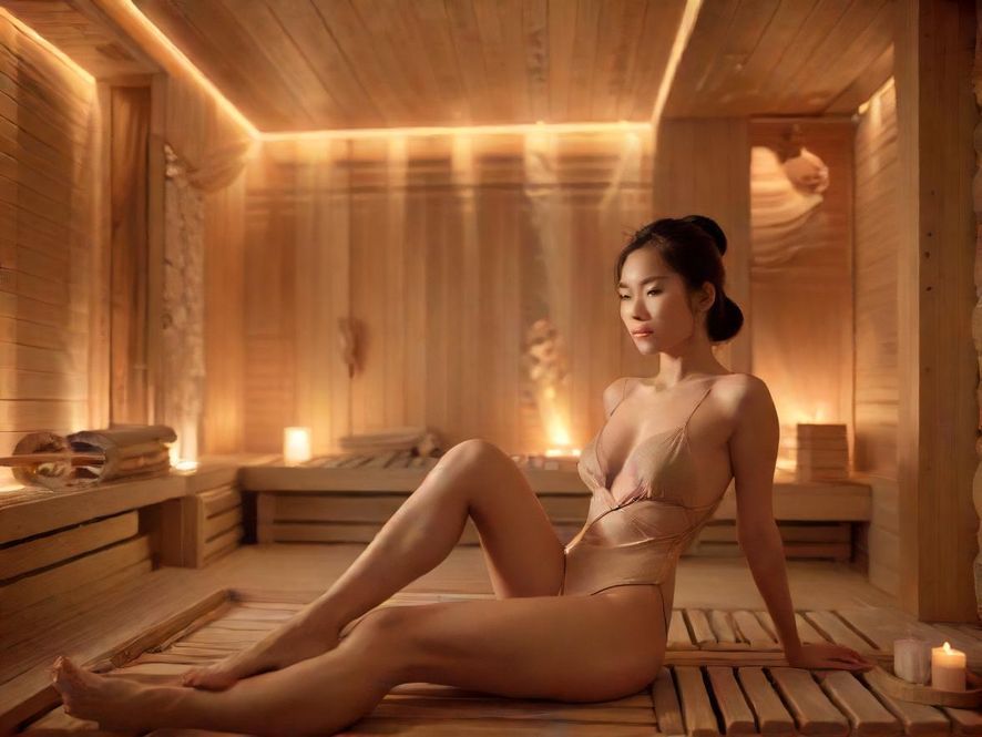 一个现代桑拿会所内部的休息区，光线柔和，环境舒适，暗示着休闲放松的氛围