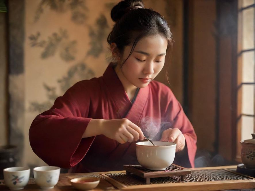 一位温州茶艺师正在进行茶道表演，手部特写，背景是传统茶道器具。