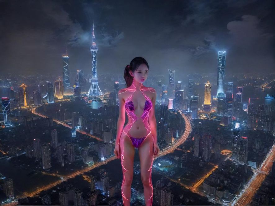 广州夜景，城市天际线，霓虹灯光璀璨，展现都市繁华与神秘。