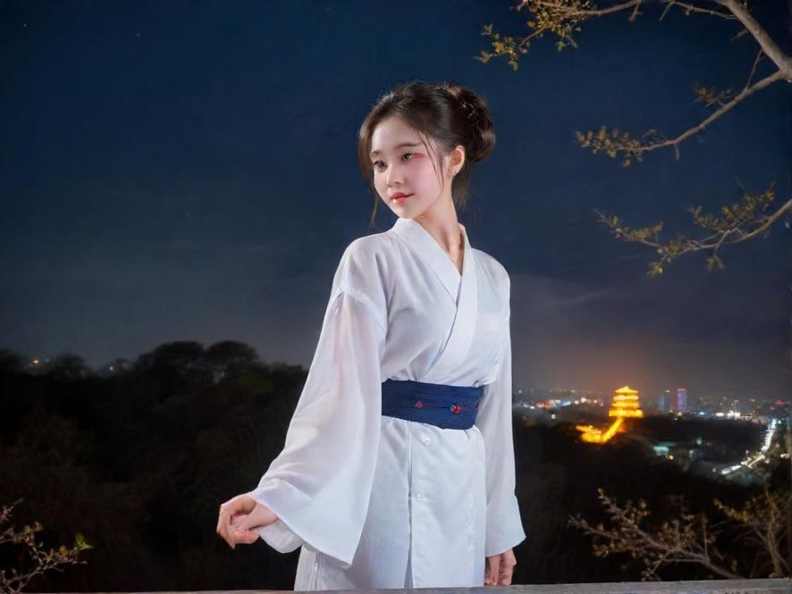 女大学生伴游江边夜景合影