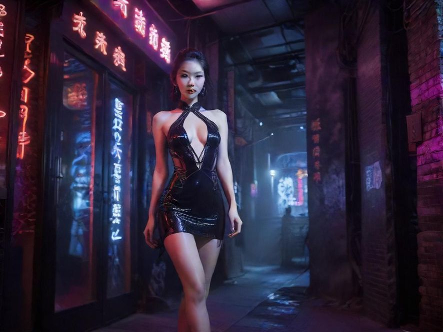 深圳街头一处夜场会所的入口，霓虹灯光闪烁，充满动感时尚的都市夜景氛围
