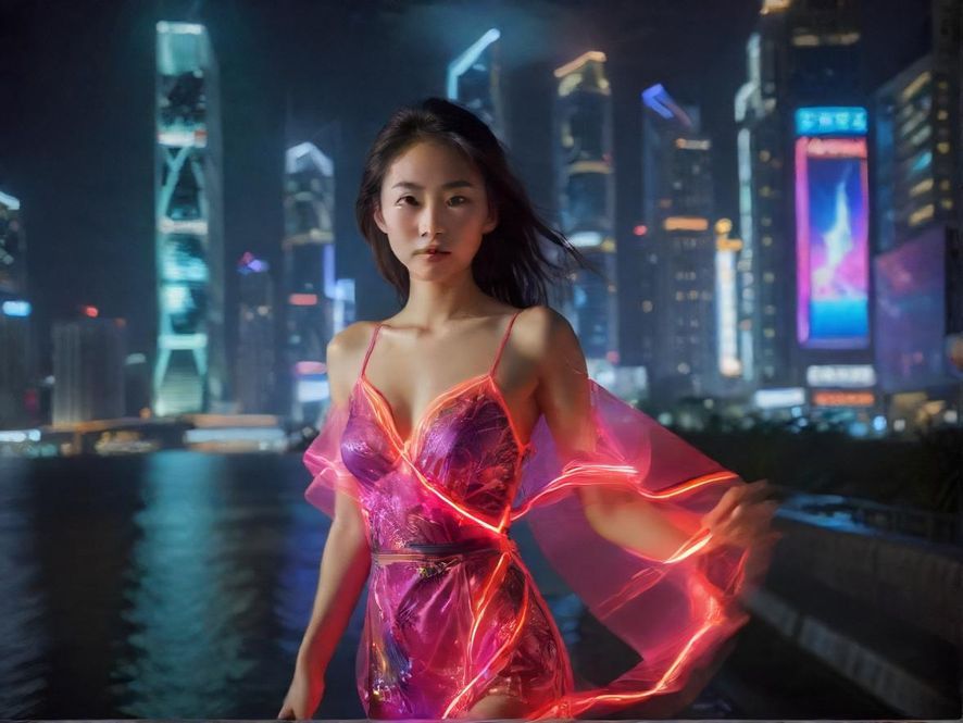 深圳夜晚的街景，霓虹灯光璀璨，车流穿梭，充满活力与神秘感