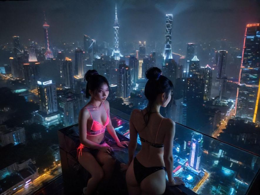 广州的赛博朋克风格夜景，霓虹灯闪烁，充满神秘感。