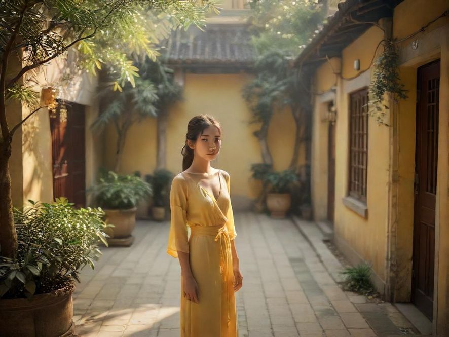 广州佰花园宁静庭院的入口，阳光透过绿植洒下斑驳光影，营造出宁静而梦幻的氛围。
