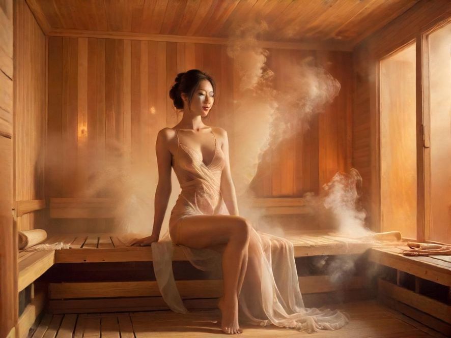 一间充满暖色调灯光、蒸汽弥漫的桑拿房内部，营造出舒适放松的氛围。