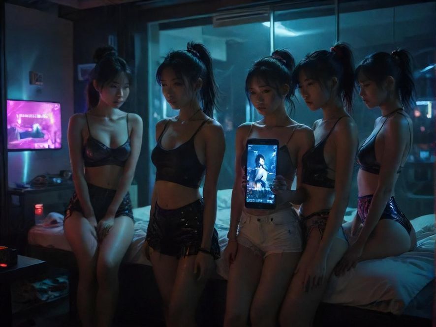 一个人在深夜里看着手机屏幕，屏幕上是模糊的休闲娱乐信息，脸上带着一丝迷茫和期待。
