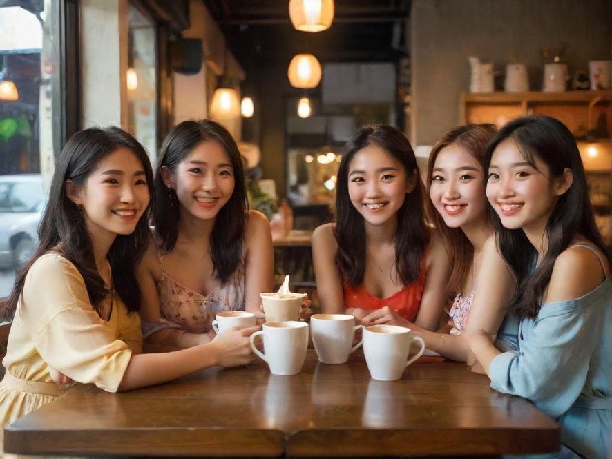 朋友们在温馨咖啡馆里愉快交流