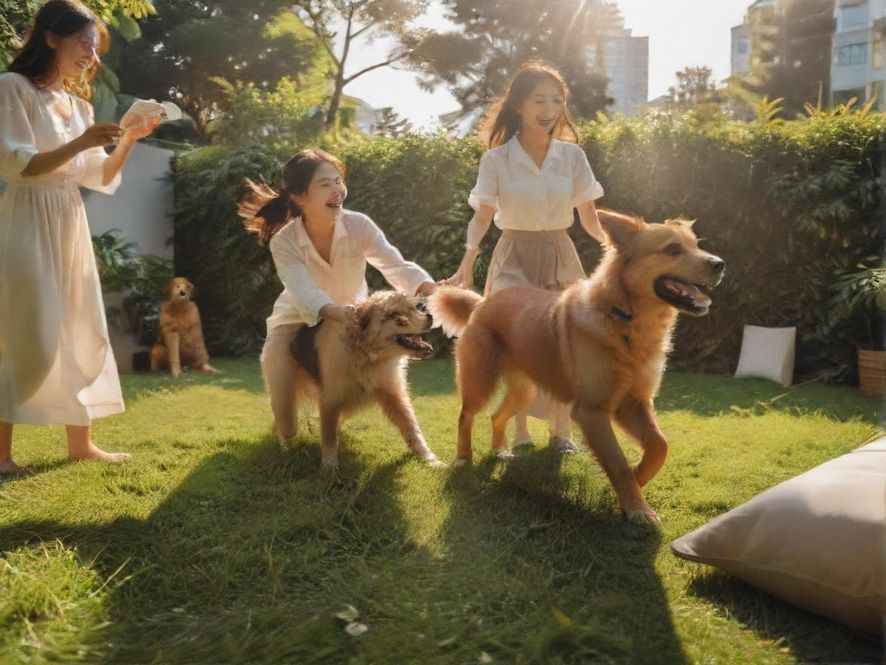 犬马之家宠物互动区活泼狗狗嬉戏在草地上