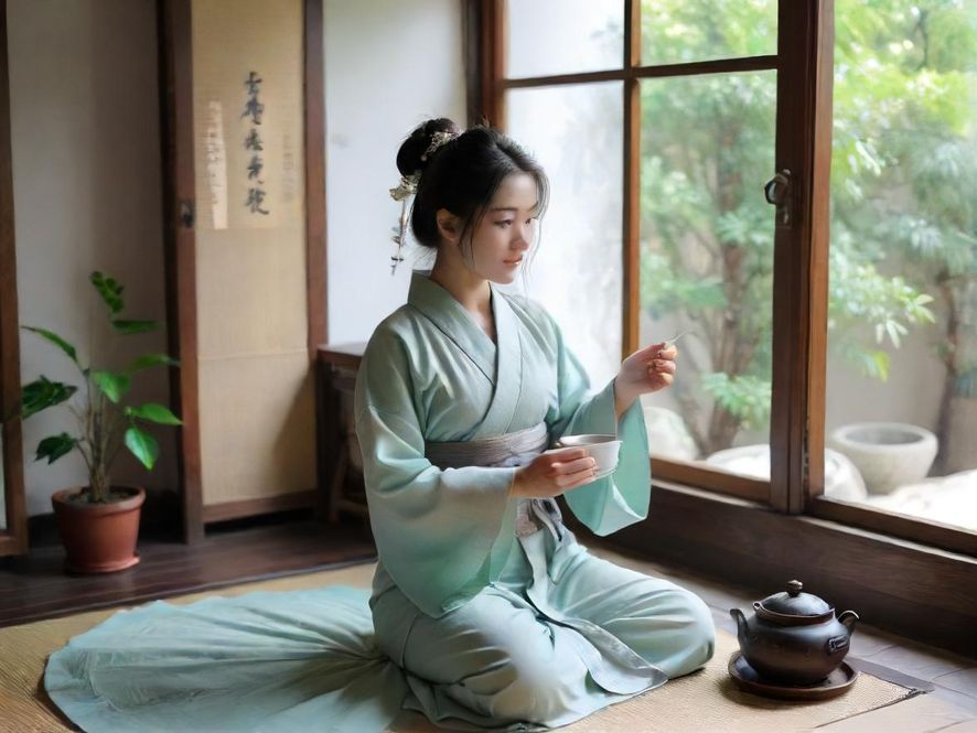 一位女士在深圳茶室中享受品茶的悠闲时光