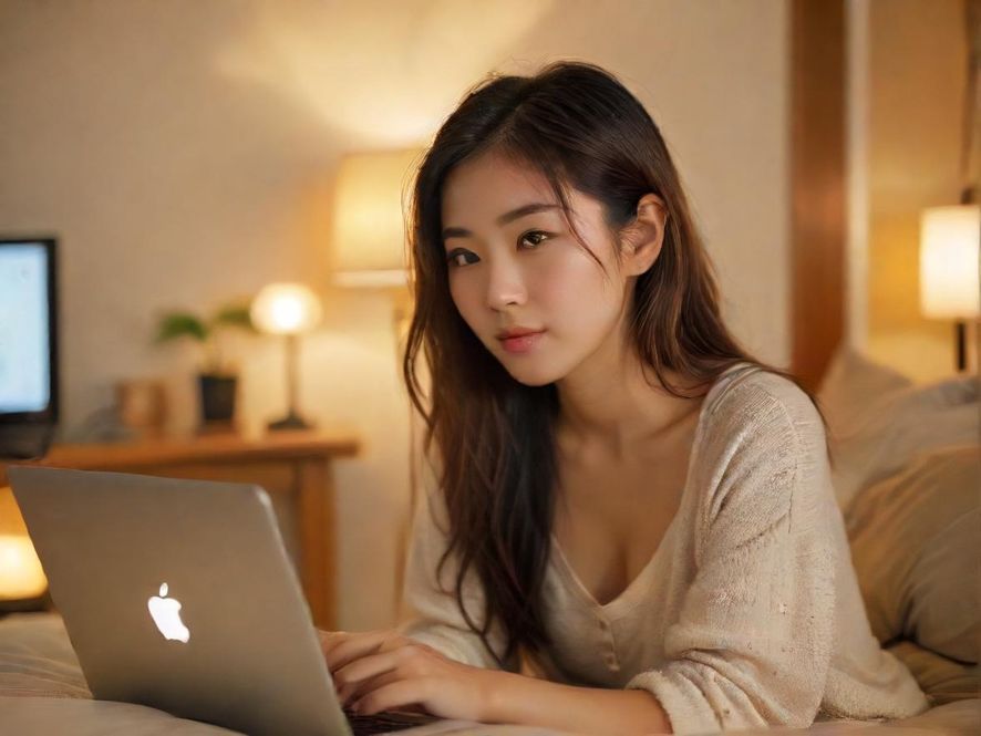 一位女性在舒适的卧室中，专注而享受地使用平板电脑进行线上娱乐