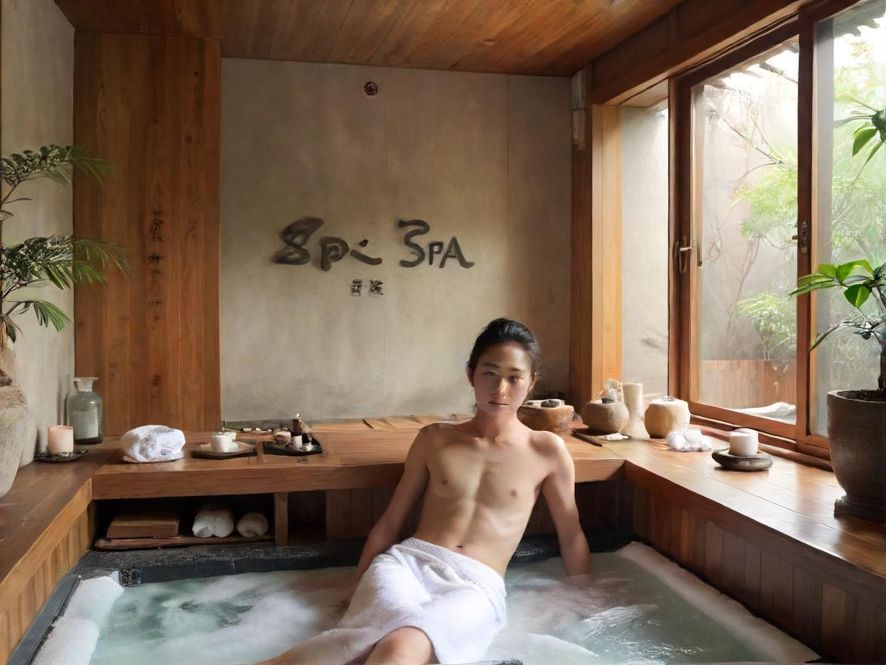 一间高端SPA会所的内部私密空间，设计现代简约，灯光营造出柔和放松的氛围，充满奢华感。