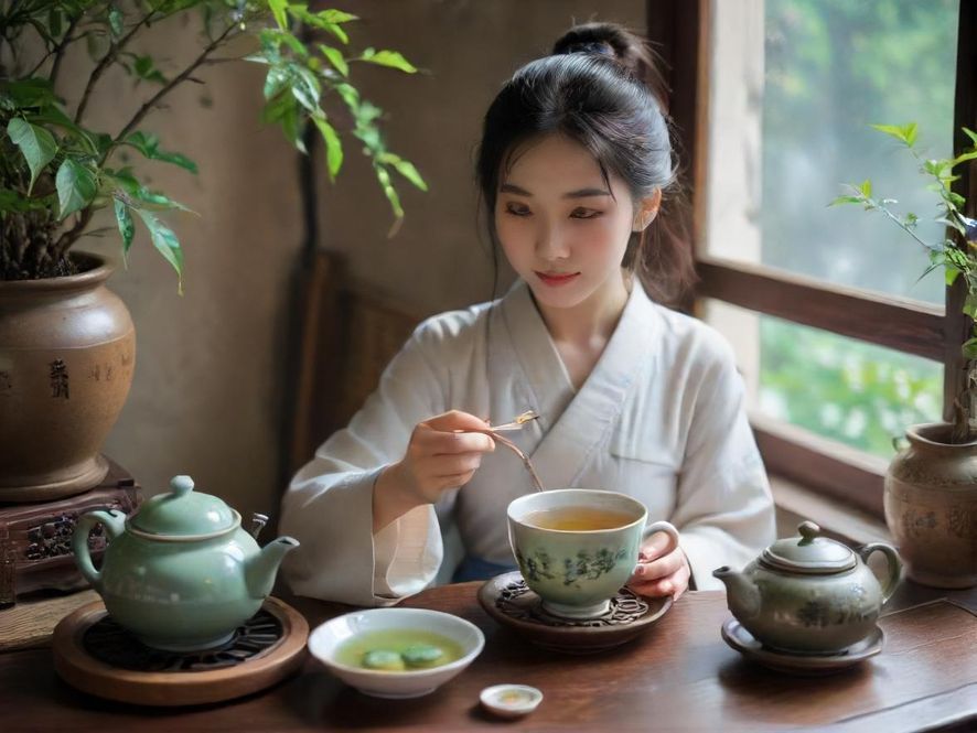 一位女性品茶师侧颜特写,专注地进行茶道表演,背景是温馨的茶室,画面色调柔和。