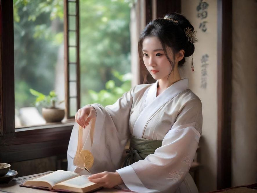 一位气质优雅的成熟女性,侧身微笑,身处一间温馨雅致的茶室,光线柔和