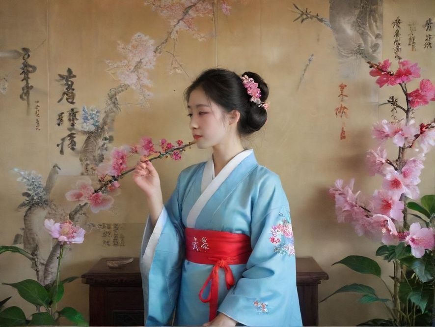 一位优雅的女性在家中明亮温馨的客厅里,侧身专注地进行插花创作,花材和工具摆放整齐。