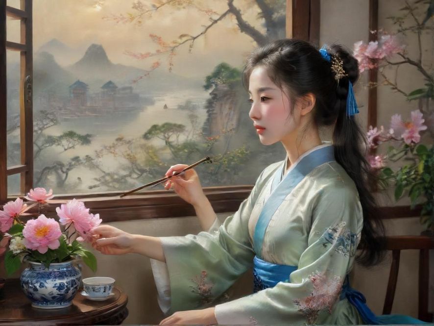 两位女士在阳光下享受品茶时光，背景是温馨的现代中式茶室。