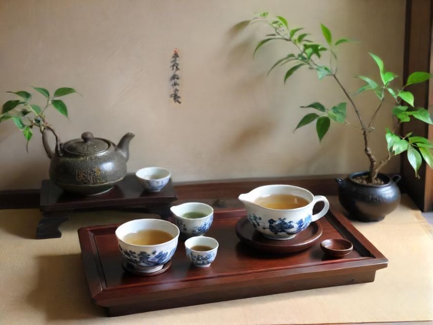 深圳品茶工作室内部环境展示,宽敞明亮的茶室,现代中式风格的装修,摆放着精美的雅致茶具。