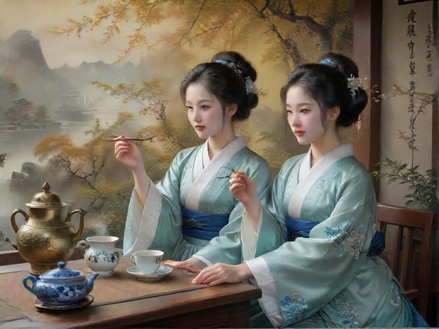 一位气质优雅的美女茶艺师,正在专注于泡茶,近景特写展现其娴熟而优美的泡茶手势。