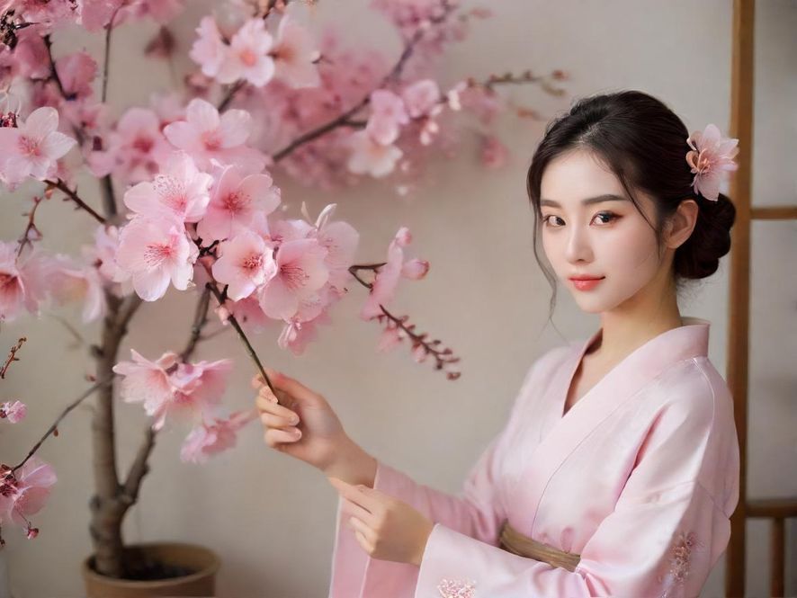 一位女士在温暖的家中,专注地使用手机搜索花艺课程,屏幕上显示着“花社区”的界面。