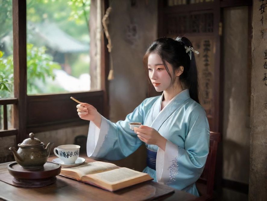 一位气质成熟的女性在温馨的茶室中，微笑着看向前方，眼神充满故事感。