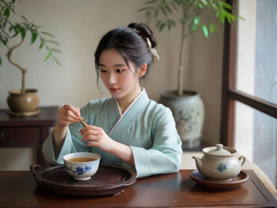 一位女性在温馨雅致的茶室中品茗，享受宁静时光。