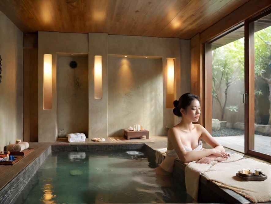 在高端SPA室中，身心完全放松，沉浸在极致享受中的顾客